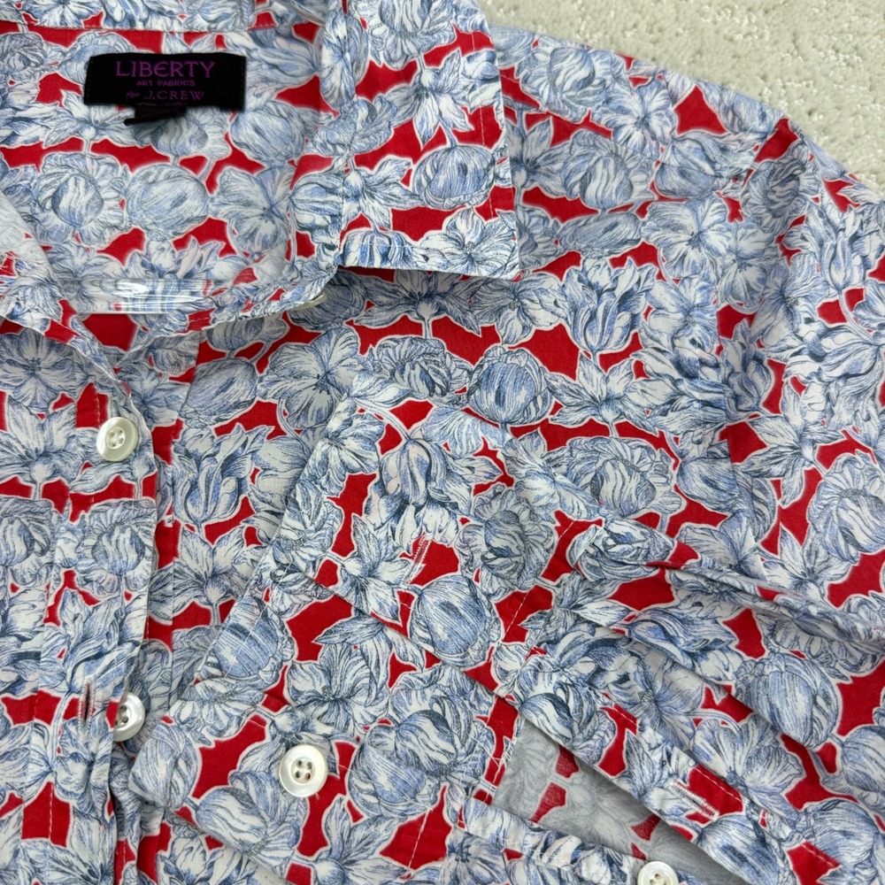 J.Crew Popover Shirt Women 2 Red Blue Liberty Matilda Tulip Floral Button Up